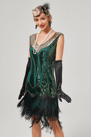 Black Green V-Neck Flapper Dress With Fringes