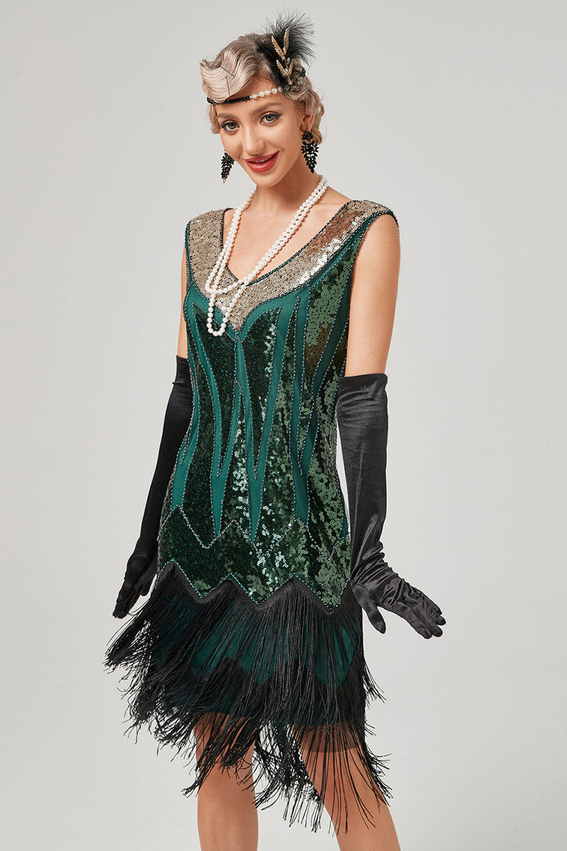 Load image into Gallery viewer, Black Green V-Neck Flapper Dress With Fringes