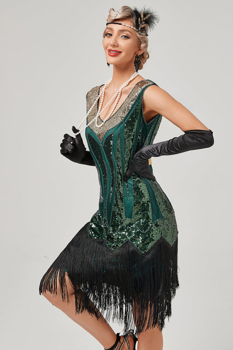 Load image into Gallery viewer, Black Green V-Neck Flapper Dress With Fringes