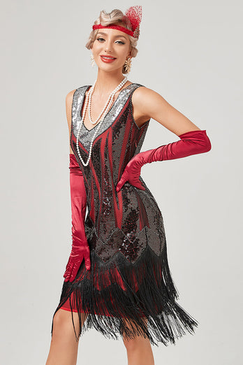 Black Green V-Neck Flapper Dress With Fringes