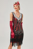 Load image into Gallery viewer, Black Green V-Neck Flapper Dress With Fringes