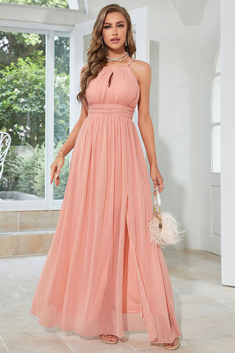 Orange Chiffon Halter Bridesmaid Dress with Slit