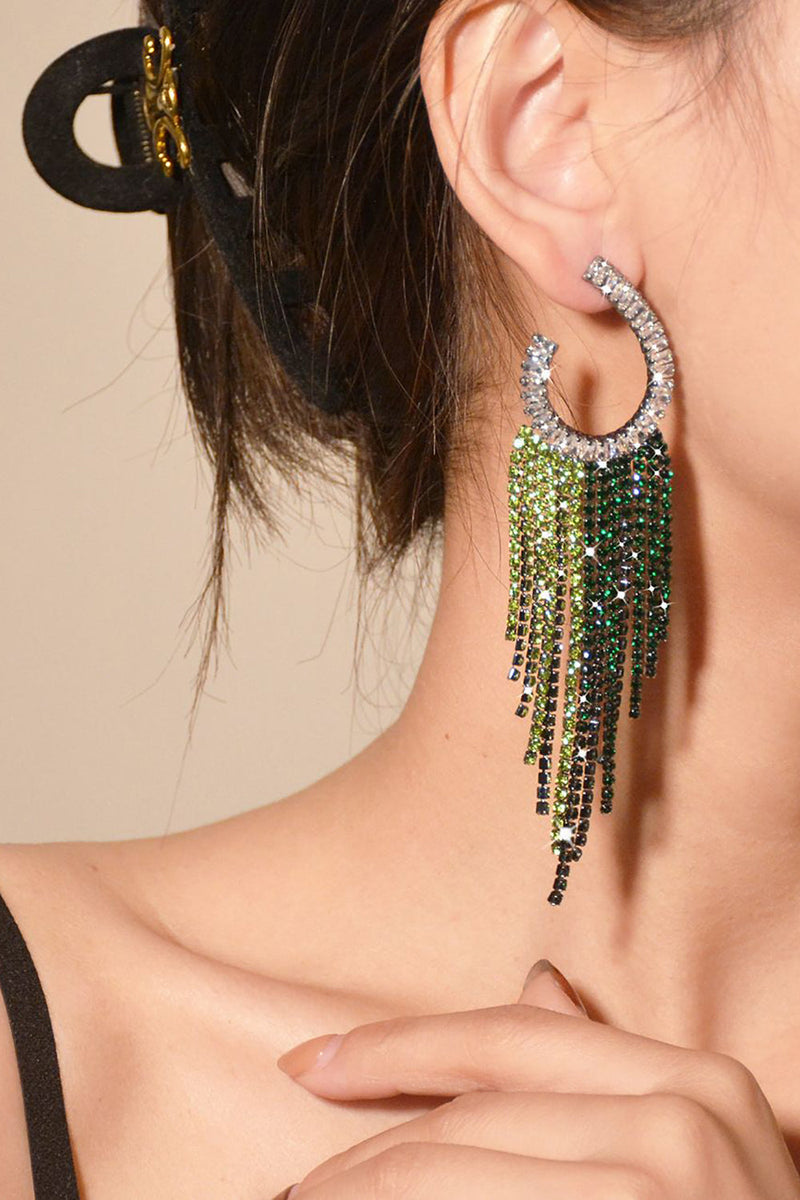 Load image into Gallery viewer, Rhinestones Green Tassel Earrings