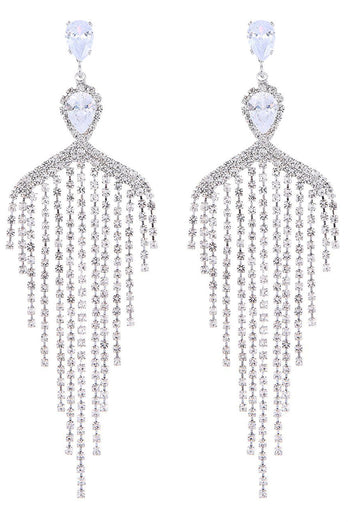 Silver Zircon Tassel Rhinestones Earrings