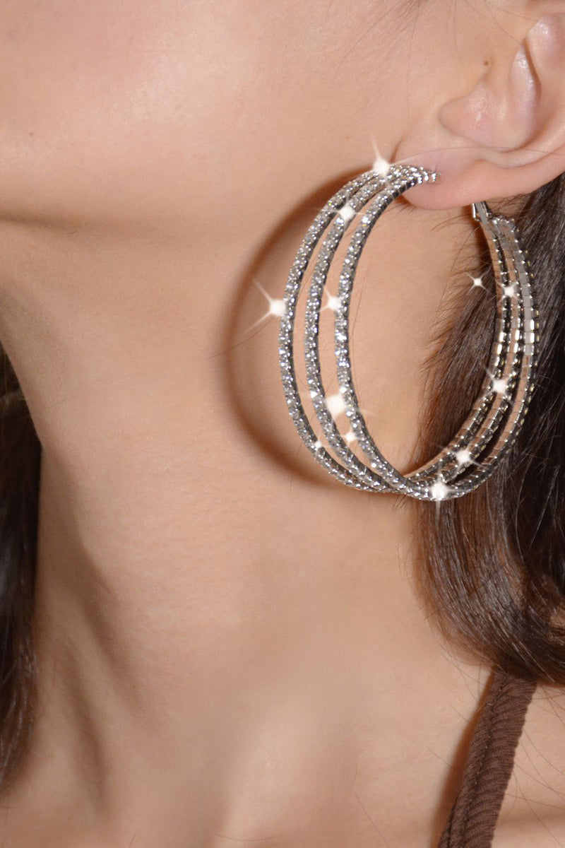 Load image into Gallery viewer, Silver Rhinestones Round Hoop Earrings