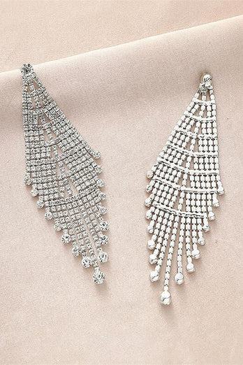 Shiny Silver Long Rhinestones Earrings