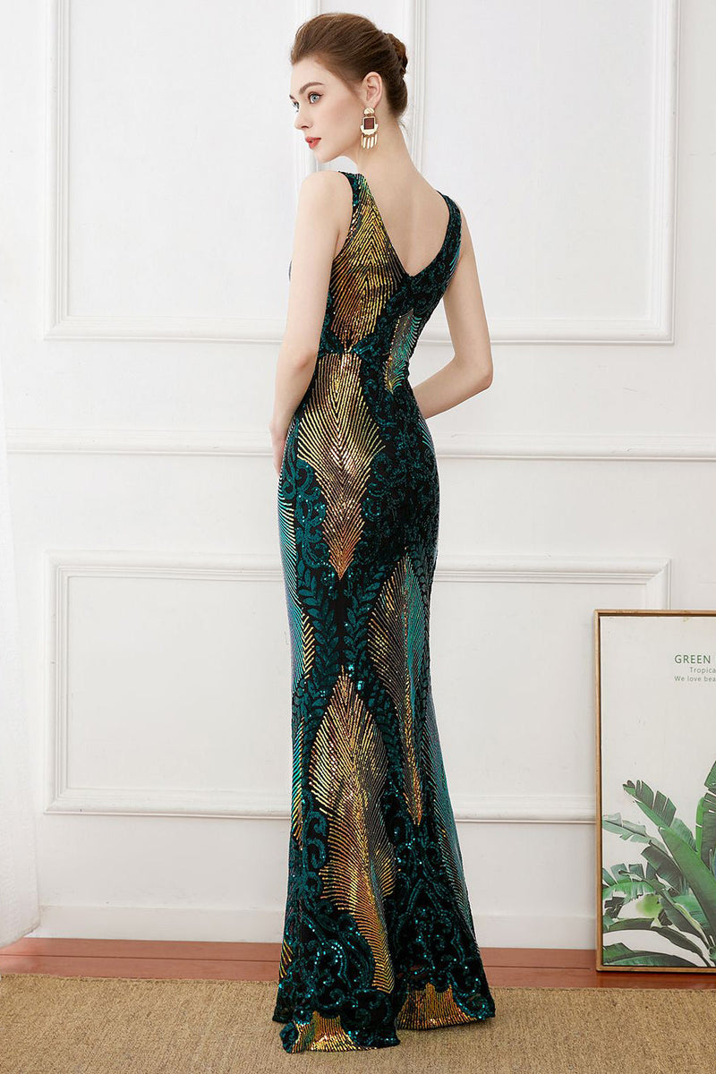 Load image into Gallery viewer, Dark Green Sequins Sheath Long 1920s Dress