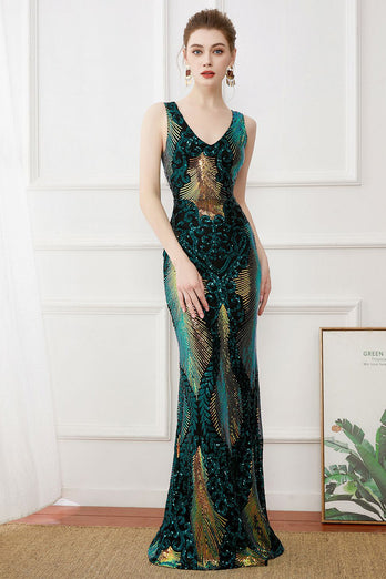 Dark Green Sequins Sheath Long 1920s Dress