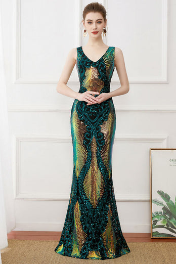 Dark Green Sequins Sheath Long 1920s Dress