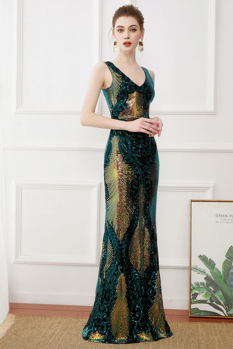 Load image into Gallery viewer, Dark Green Sequins Sheath Long 1920s Dress