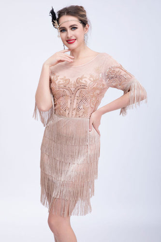 Blush Fringes 1920s Dress with Beading