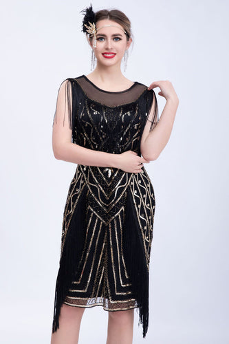 Black Glitter Sequins Flapper Dress with Fringes