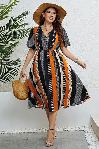 Plus Size V Neck Black Summer Dress With Short Sleeves