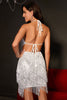 Load image into Gallery viewer, Sparkly Halter Backless Sequins Black Semi Formal Dress with Fringes