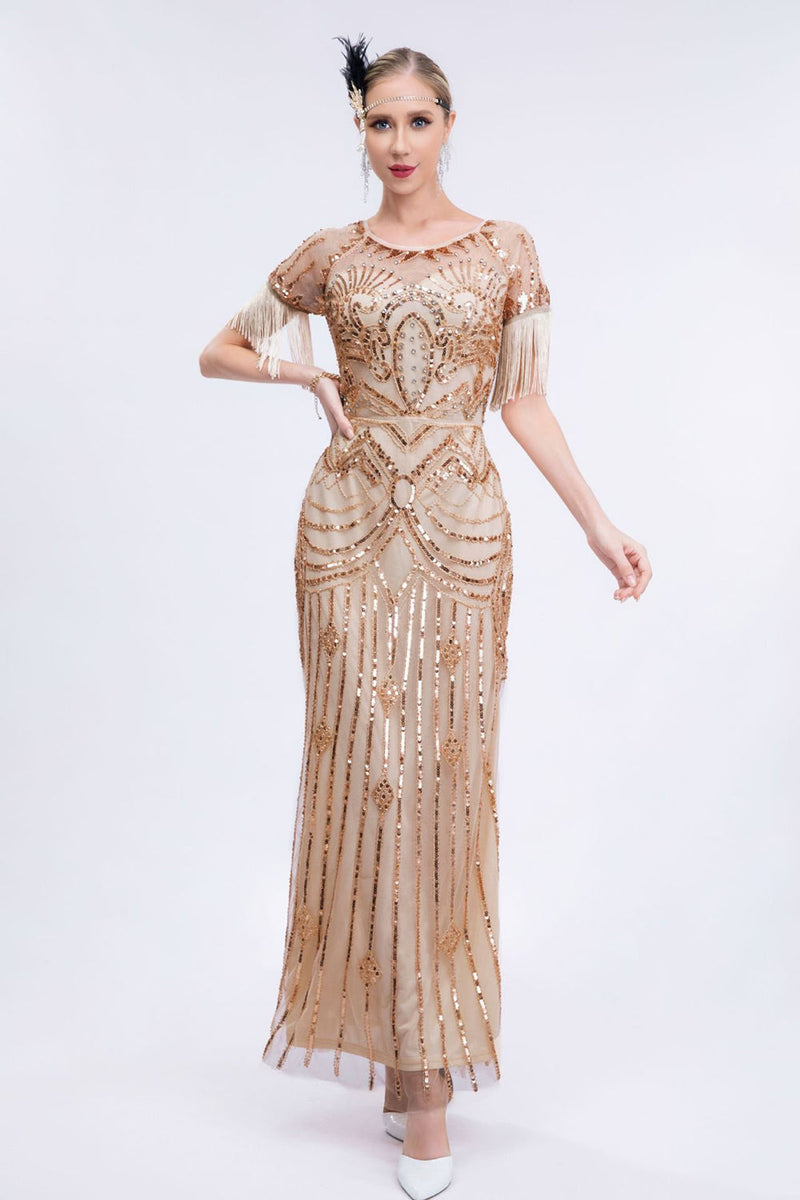 Load image into Gallery viewer, Champagne Beaded Long Gatsby Fringed Flapper Dress