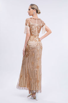 Champagne Beaded Long Gatsby Fringed Flapper Dress