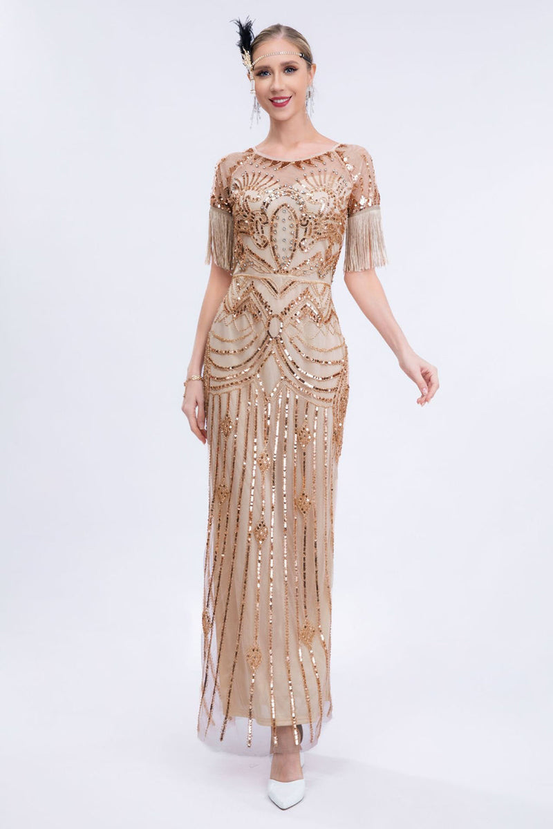 Load image into Gallery viewer, Champagne Beaded Long Gatsby Fringed Flapper Dress