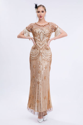 Champagne Beaded Long Gatsby Fringed Flapper Dress