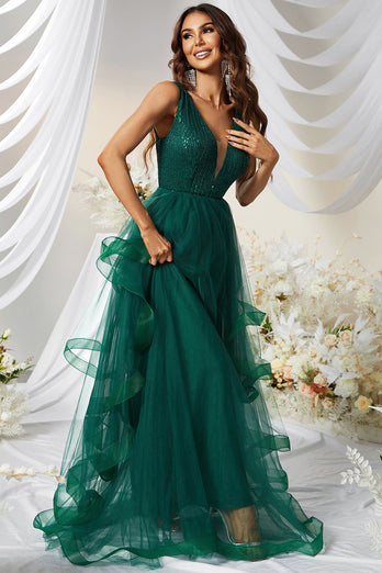 A-Line Sleeveless Dark Green Long Formal Dress