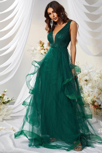 A-Line Sleeveless Dark Green Long Formal Dress