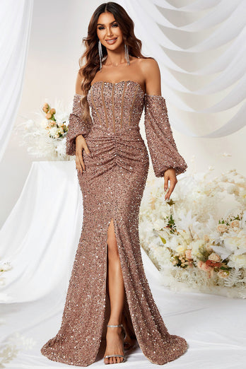 Mermaid Strapless Sequins Corset Formal Dress with Slit