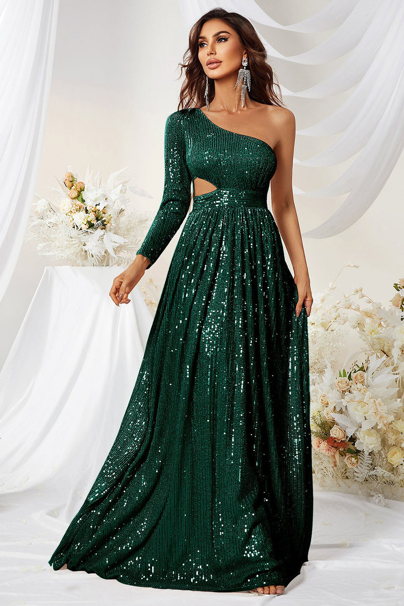 Load image into Gallery viewer, Glitter Cut Out One Shoulder Dark Green Formal Dress
