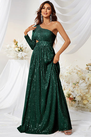 Glitter Cut Out One Shoulder Dark Green Formal Dress
