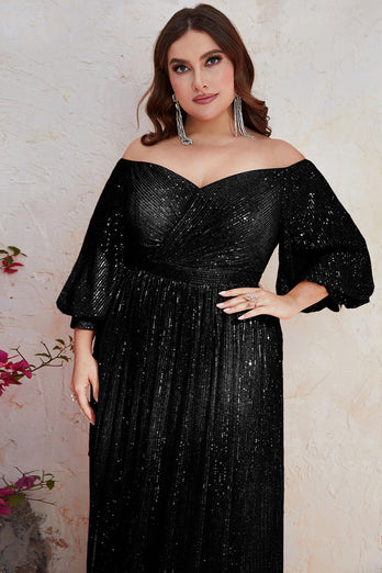 Sequins Plus Size Off The Shoulder Black Formal Dress with Sleeves