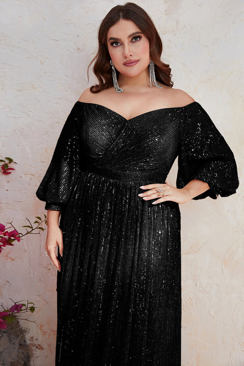 Load image into Gallery viewer, Sequins Plus Size Off The Shoulder Black Formal Dress with Sleeves