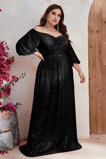 Sequins Plus Size Off The Shoulder Black Formal Dress with Sleeves