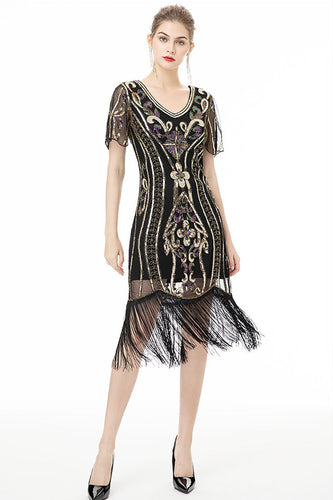 Black Fringes Sparkly 1920s Dress with Short Sleeves