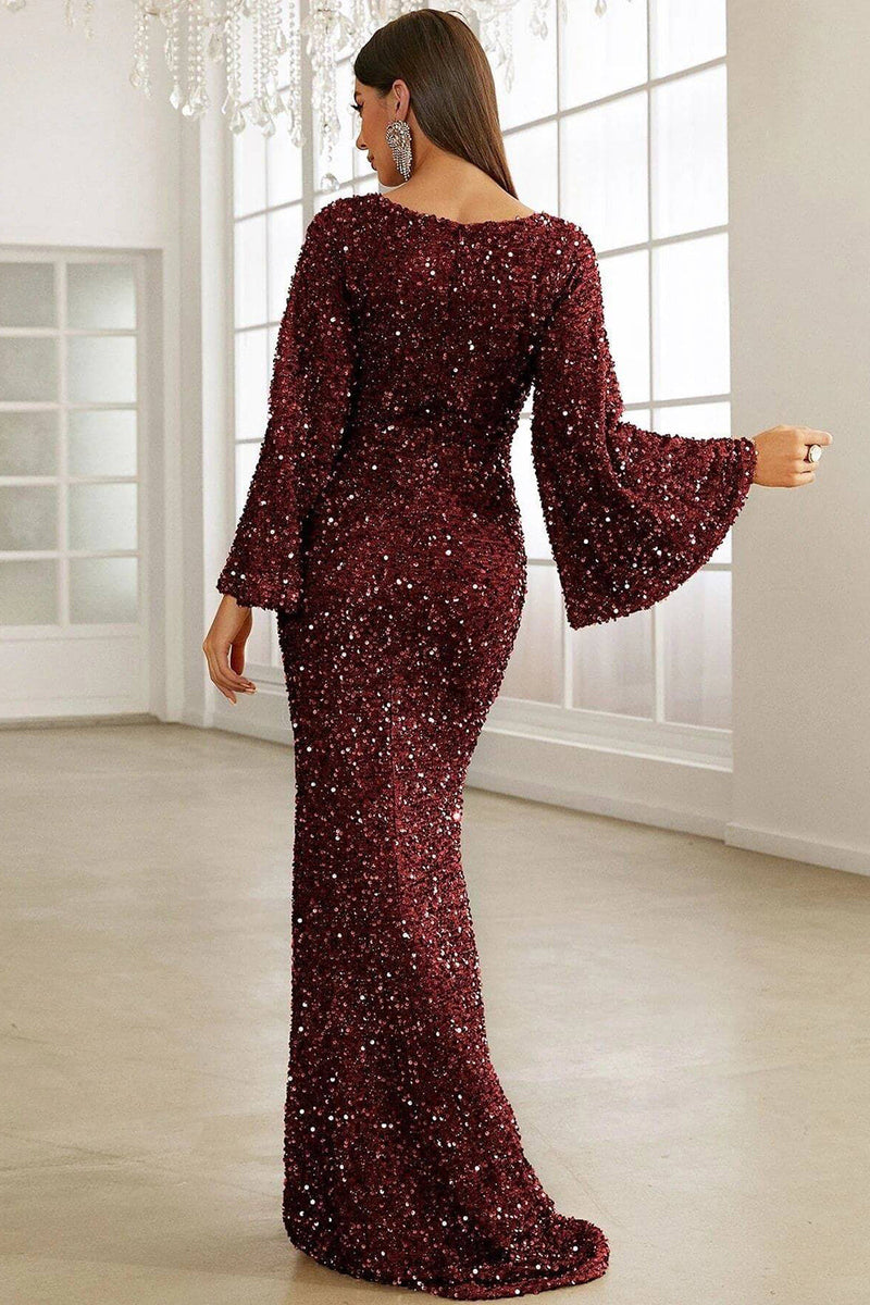 Load image into Gallery viewer, Burgundy Sparkly Sequin Mermaid Long Holiday Dress