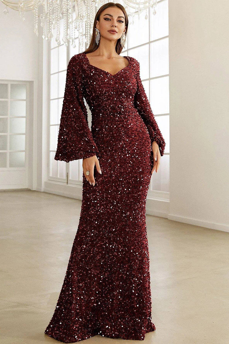 Load image into Gallery viewer, Burgundy Sparkly Sequin Mermaid Long Holiday Dress