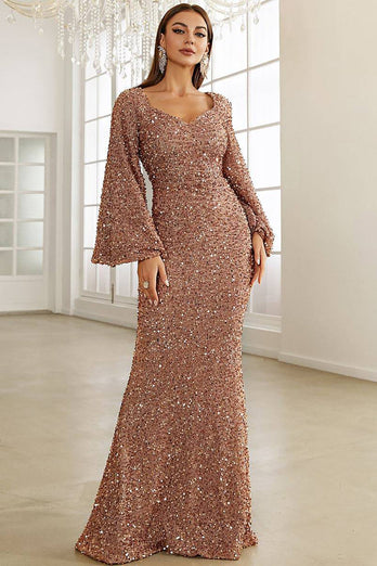 Burgundy Sparkly Sequin Mermaid Long Holiday Dress