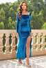 Load image into Gallery viewer, Blue Velvet Square Neck Sheath Holiday Dress With Slit