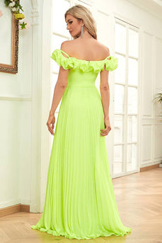 Off the Shoulder Green A-Line Formal Dress with Pleated