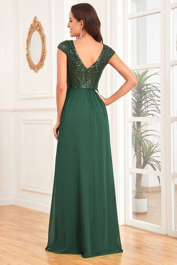 Dark Green V-neck A Line Formal Dress with Sequins