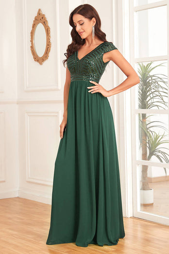 Dark Green V-neck A Line Formal Dress with Sequins