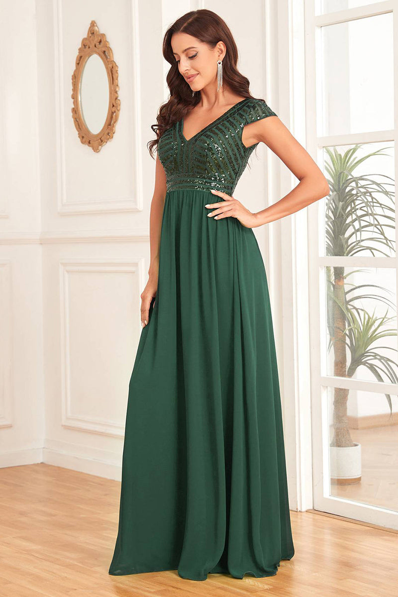 Load image into Gallery viewer, Dark Green V-neck A Line Formal Dress with Sequins