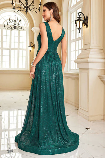 Sequins A Line V-neck Dark Green Formal Dress