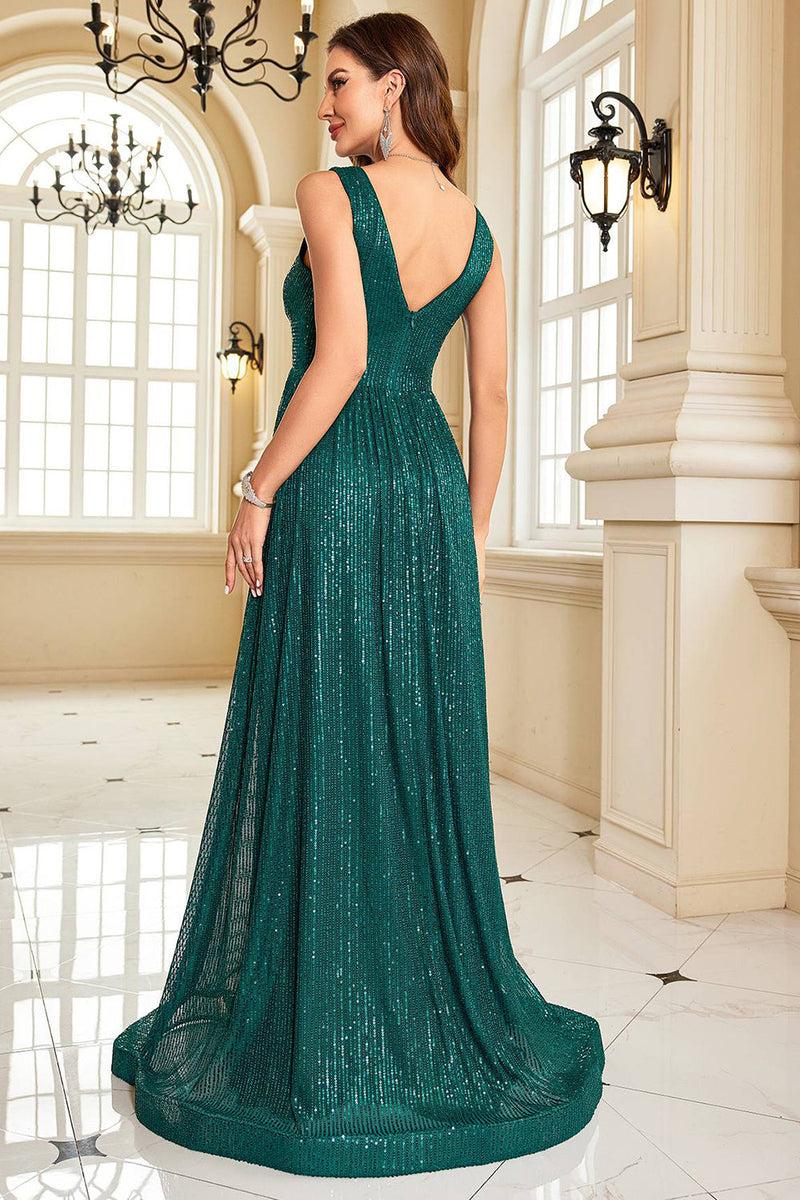 Load image into Gallery viewer, Sequins A Line V-neck Dark Green Formal Dress