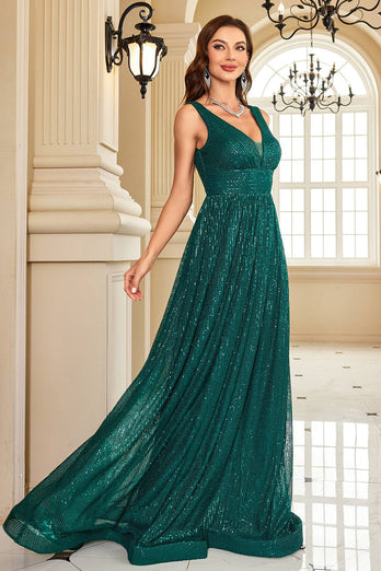 Sequins A Line V-neck Dark Green Formal Dress