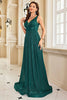 Load image into Gallery viewer, Sequins A Line V-neck Dark Green Formal Dress