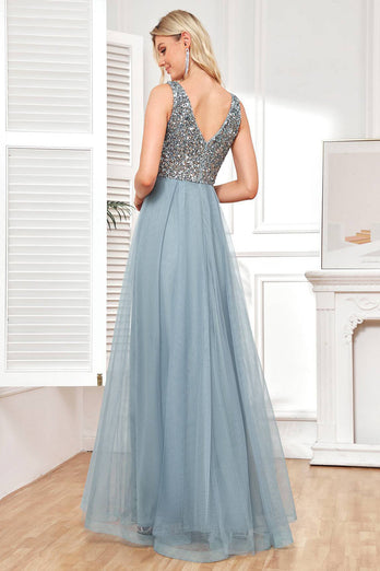 Grey Blue A Line Tulle Fromal Dress with Sequins