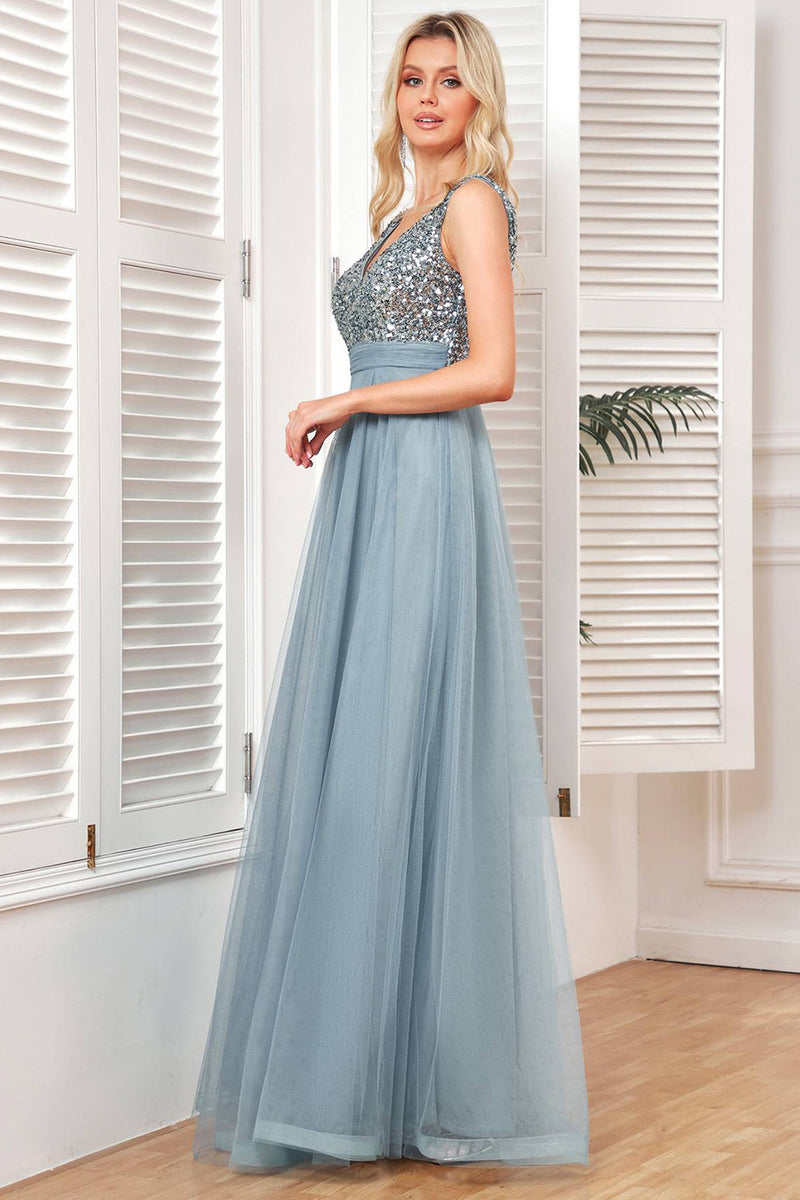 Load image into Gallery viewer, Grey Blue A Line Tulle Fromal Dress with Sequins