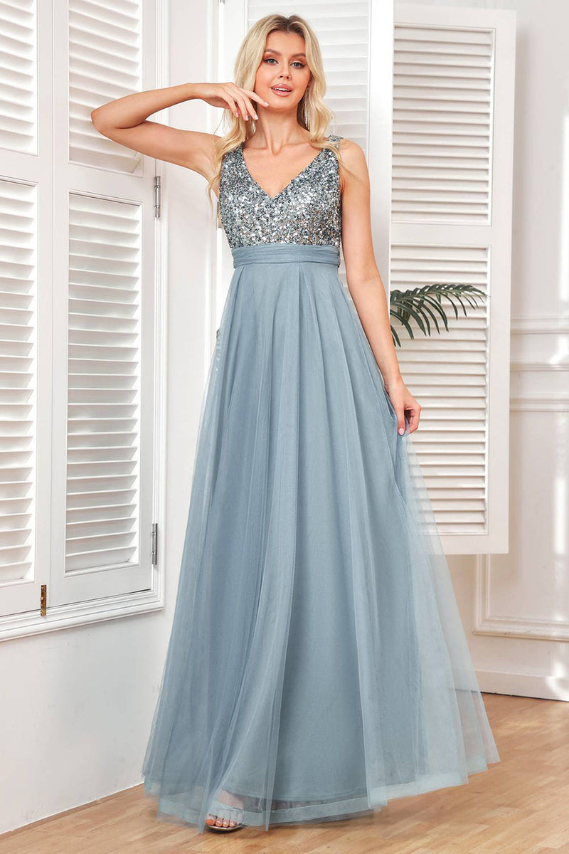 Load image into Gallery viewer, Grey Blue A Line Tulle Fromal Dress with Sequins