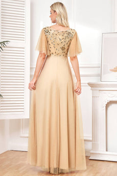 Bat Sleeves A Line Tulle Champagne Formal Dress with Sequins