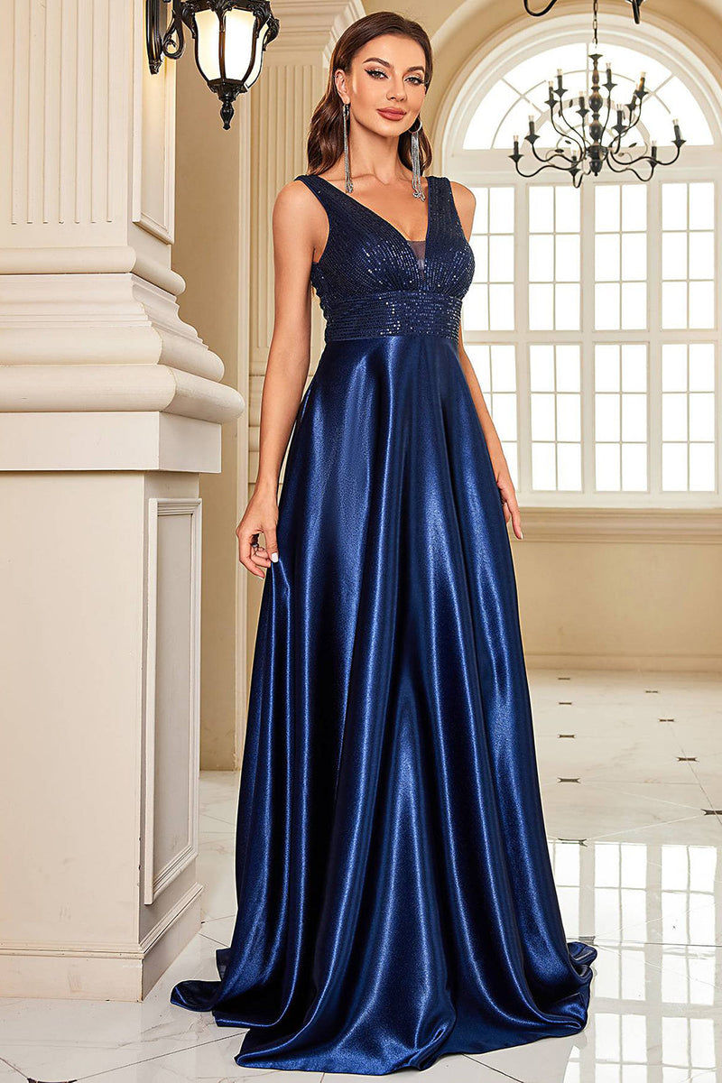 Load image into Gallery viewer, Navy Satin A-Line Formal Dress with Sequins