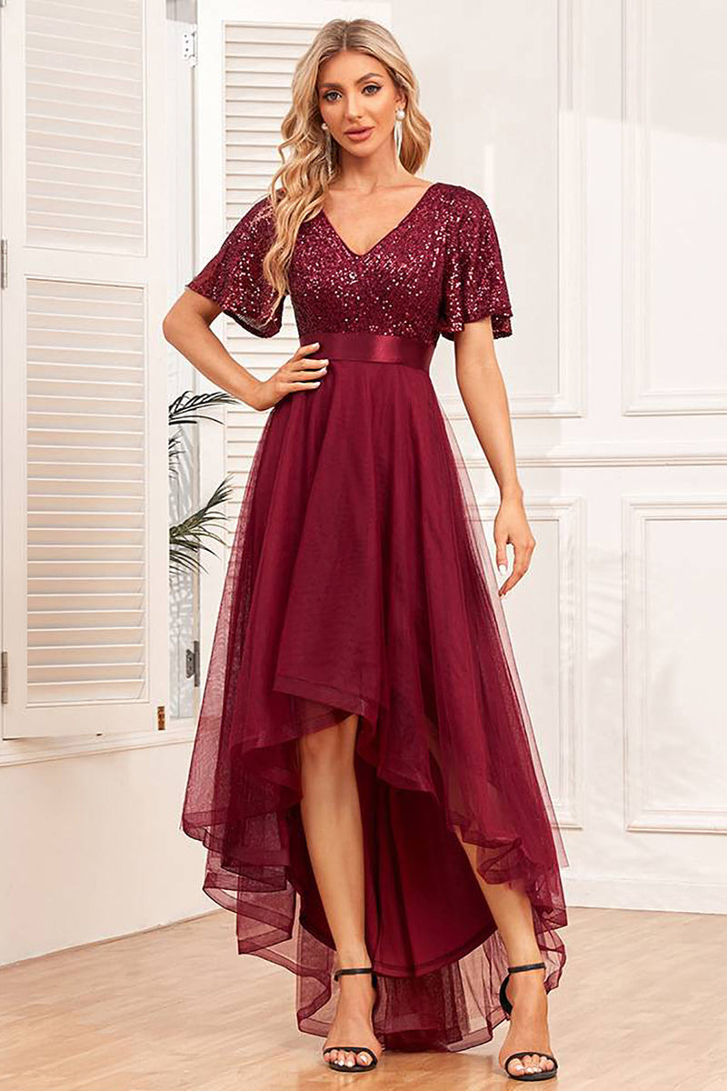 Load image into Gallery viewer, Burgundy High-low A-line Formal Dress with Sequins