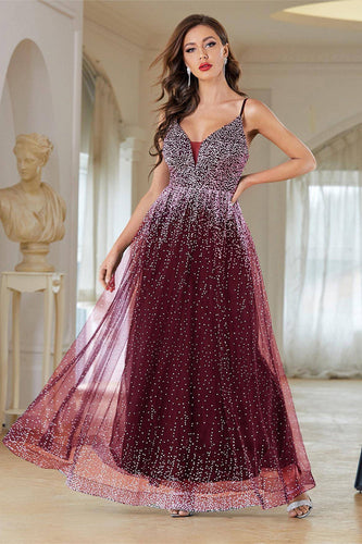 Burgundy A-Line Spaghetti Straps Beaded Prom Dress